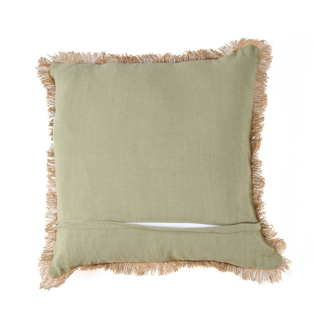 Housse de coussin coton vert olive avec broderie franges palmiers