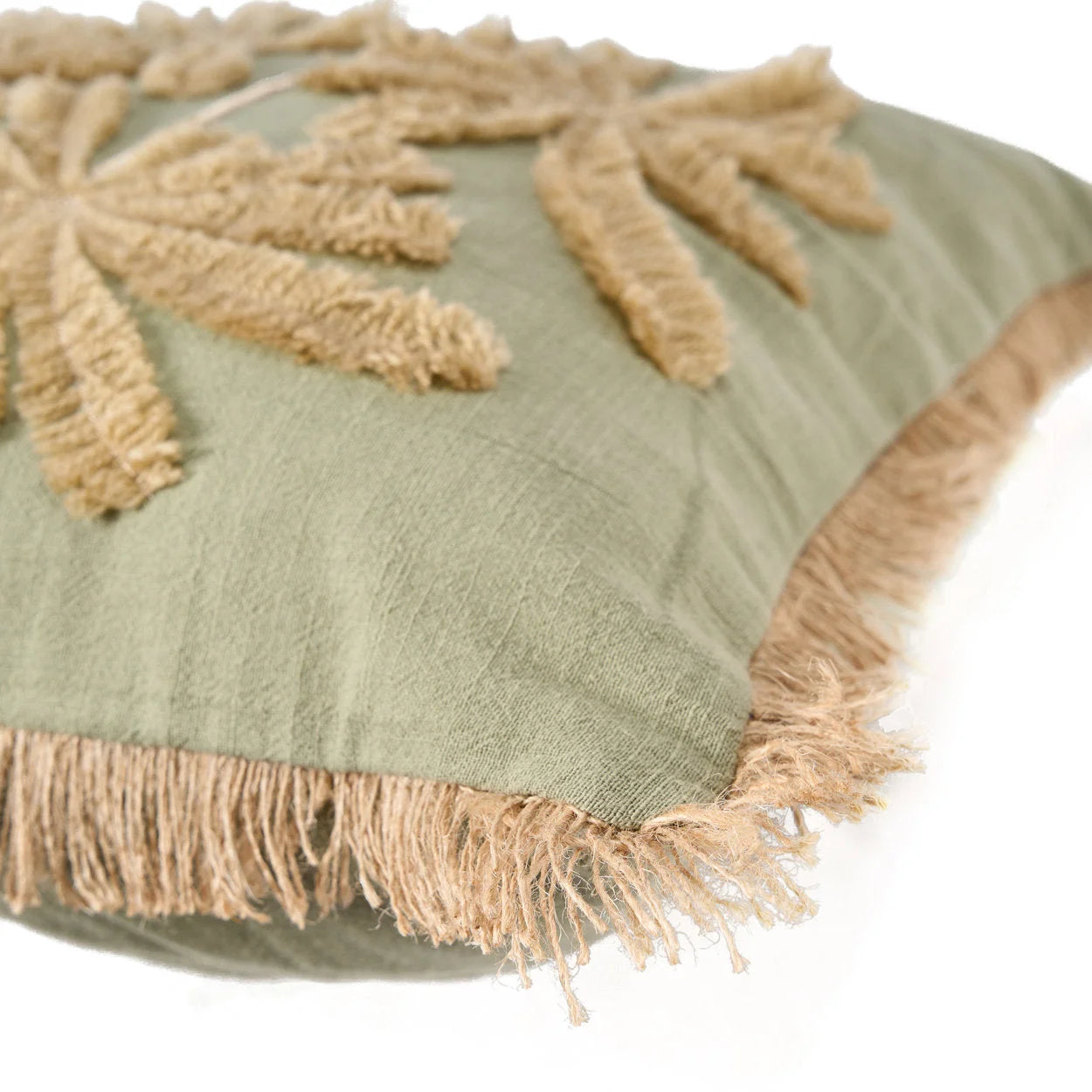 Housse de coussin coton vert olive avec broderie palmiers beige et franges