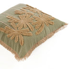 Housse de coussin coton vert olive avec broderie florale frangée