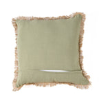 Coussin carré vert olive en coton texturé avec franges beige et broderies palmiers