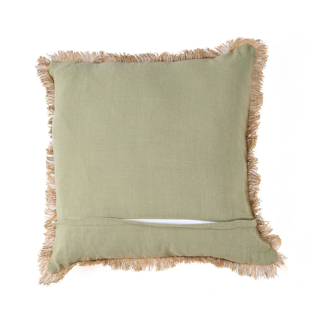 Coussin carré vert olive en coton texturé avec franges beige et broderies palmiers