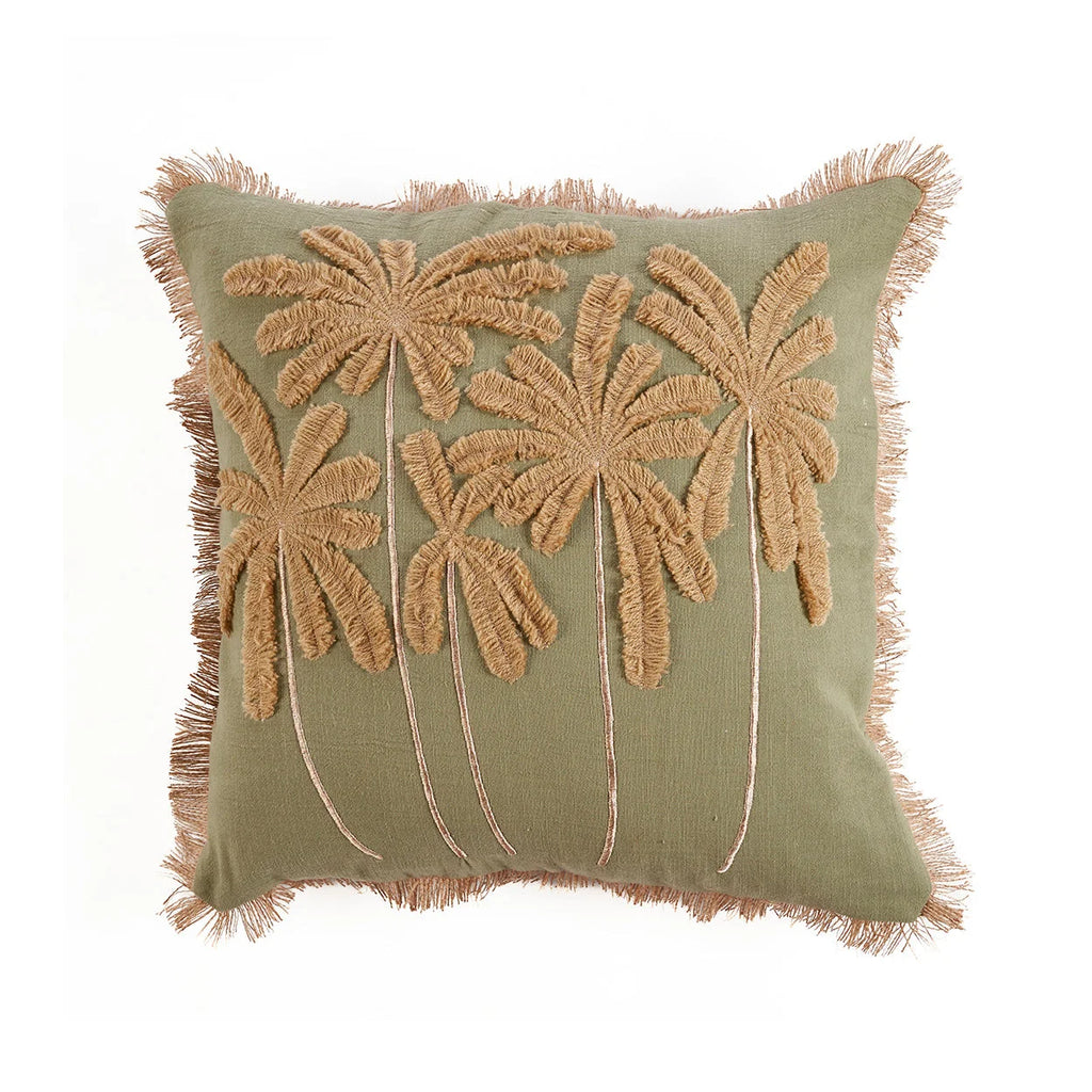 Housse de coussin coton vert olive avec palmiers brodés et franges