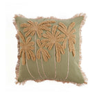 Housse de coussin coton vert olive avec palmiers brodés et franges
