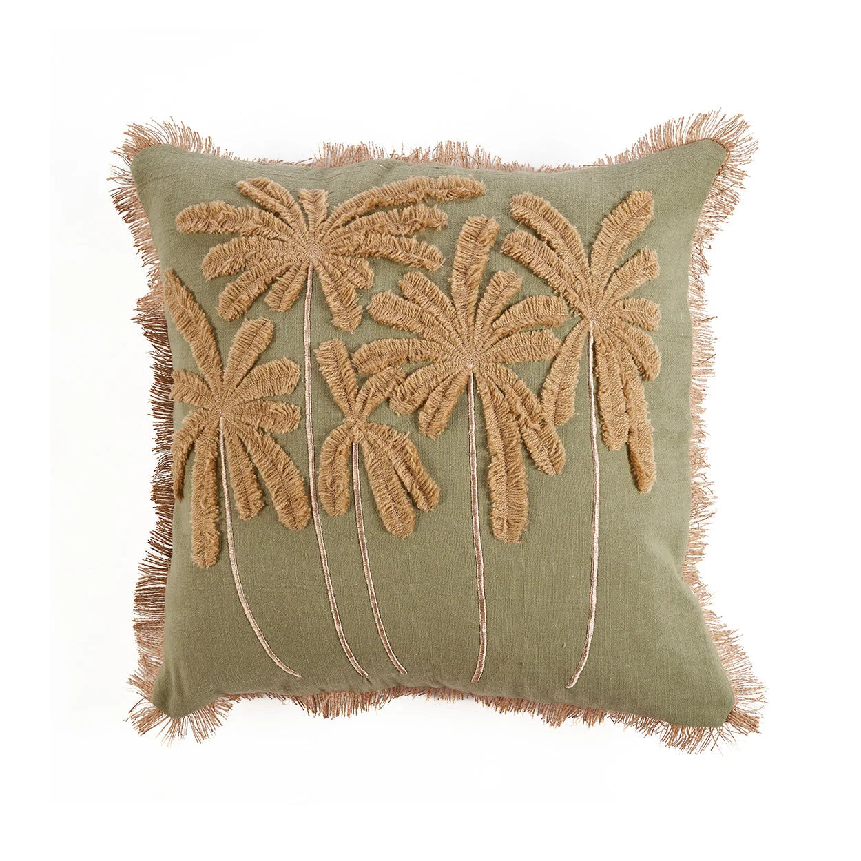 Housse de coussin coton vert olive avec palmiers brodés et franges