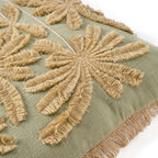 Housse de coussin vert olive en coton avec palmiers brodés et franges