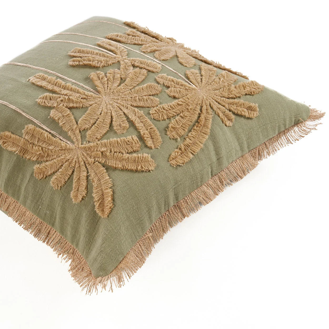 Housse de coussin coton vert olive avec broderie florale frangée