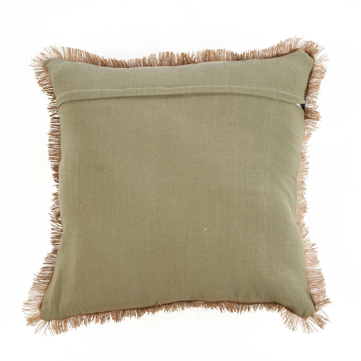 Coussin carré vert olive en coton avec franges en fibres naturelles et broderies palmiers déco