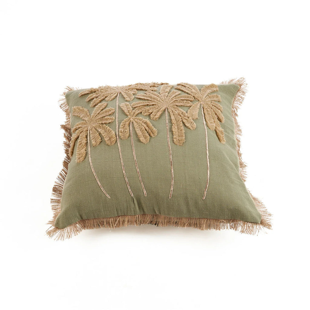 Housse de coussin coton vert olive avec palmiers brodés et franges