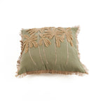 Housse de coussin coton vert olive avec palmiers brodés et franges