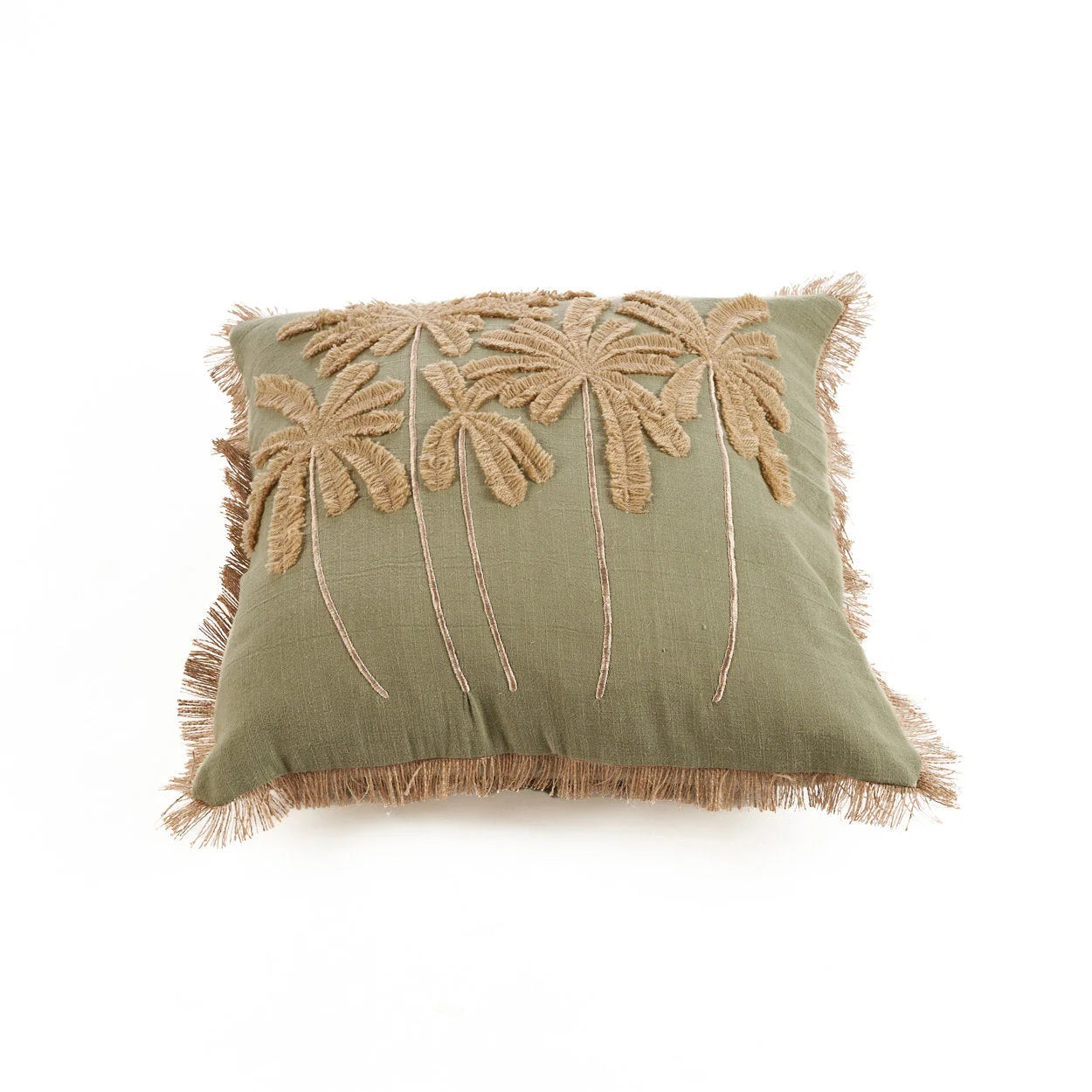 Housse de coussin coton vert olive avec palmiers brodés et franges