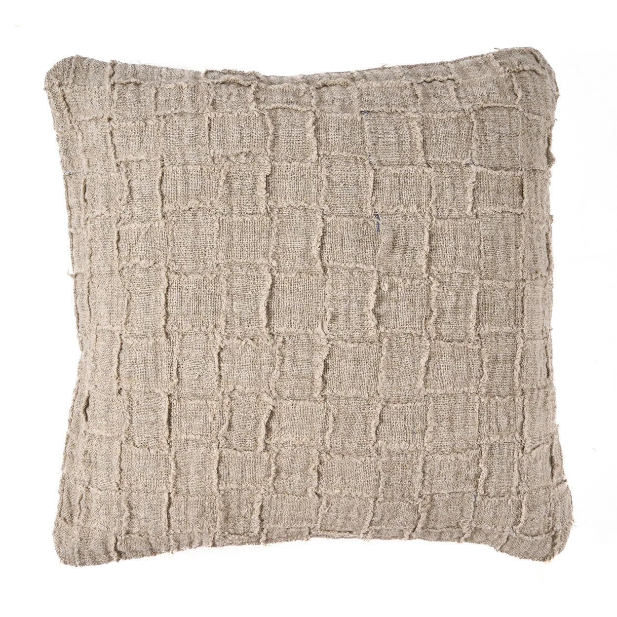 Housse de coussin lin beige carreaux relief texturés franges