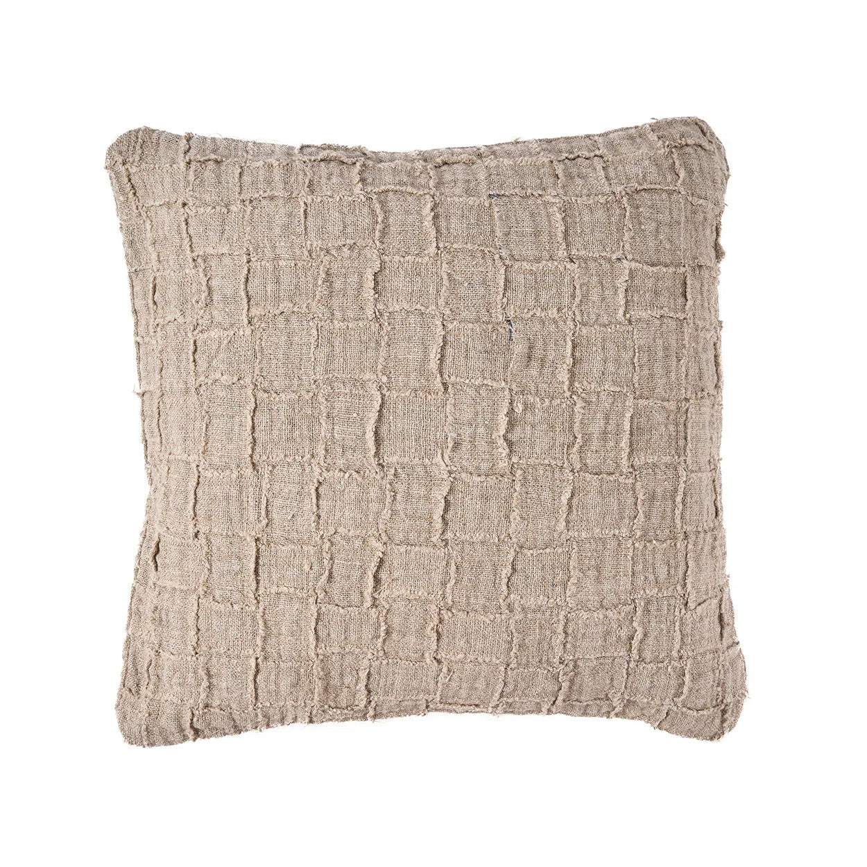 Housse de coussin lin beige carreaux relief texturés frangés