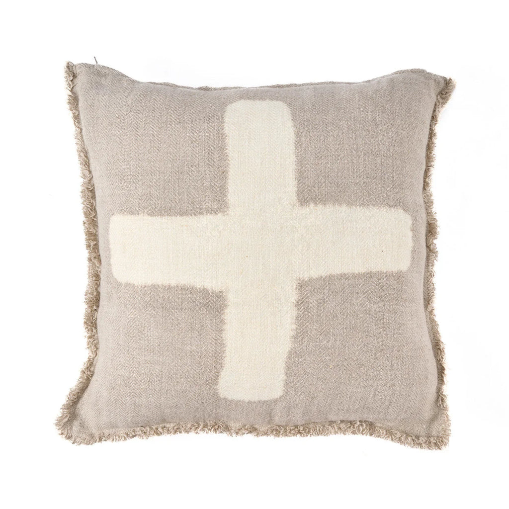 Housse de coussin en lin beige à motif croix blanc texturé et franges, 50x50 cm