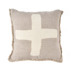 Housse de coussin en lin beige à motif croix blanc texturé et franges, 50x50 cm