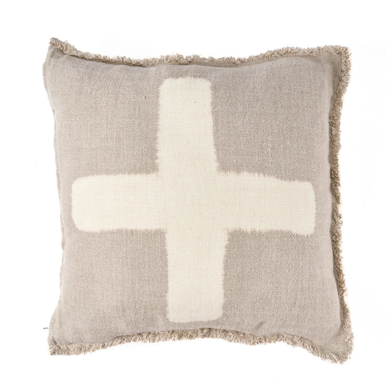 Housse de coussin en lin beige à motif croix et franges 50x50 cm