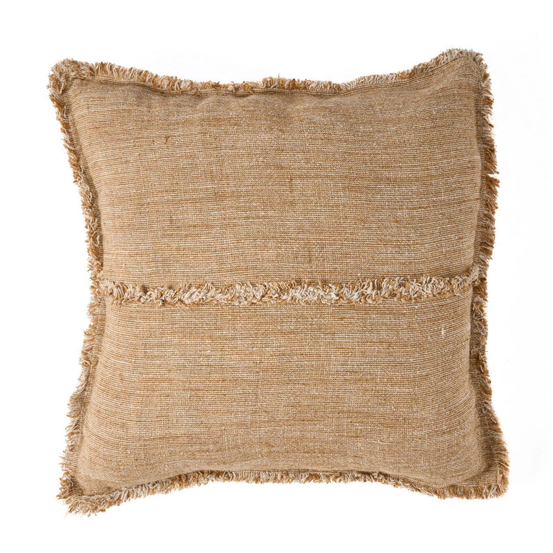 Housse de coussin en lin frangé beige camel pour canapé ou lit – 50x50 cm