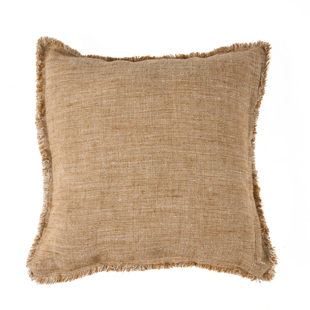 Housse de coussin en lin frangé beige camel 50x50 cm
