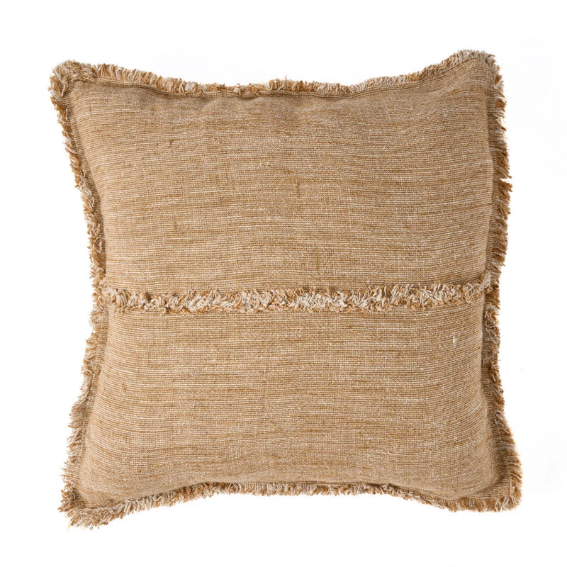 Housse de coussin en lin frangé beige camel pour canapé ou lit – 50x50 cm