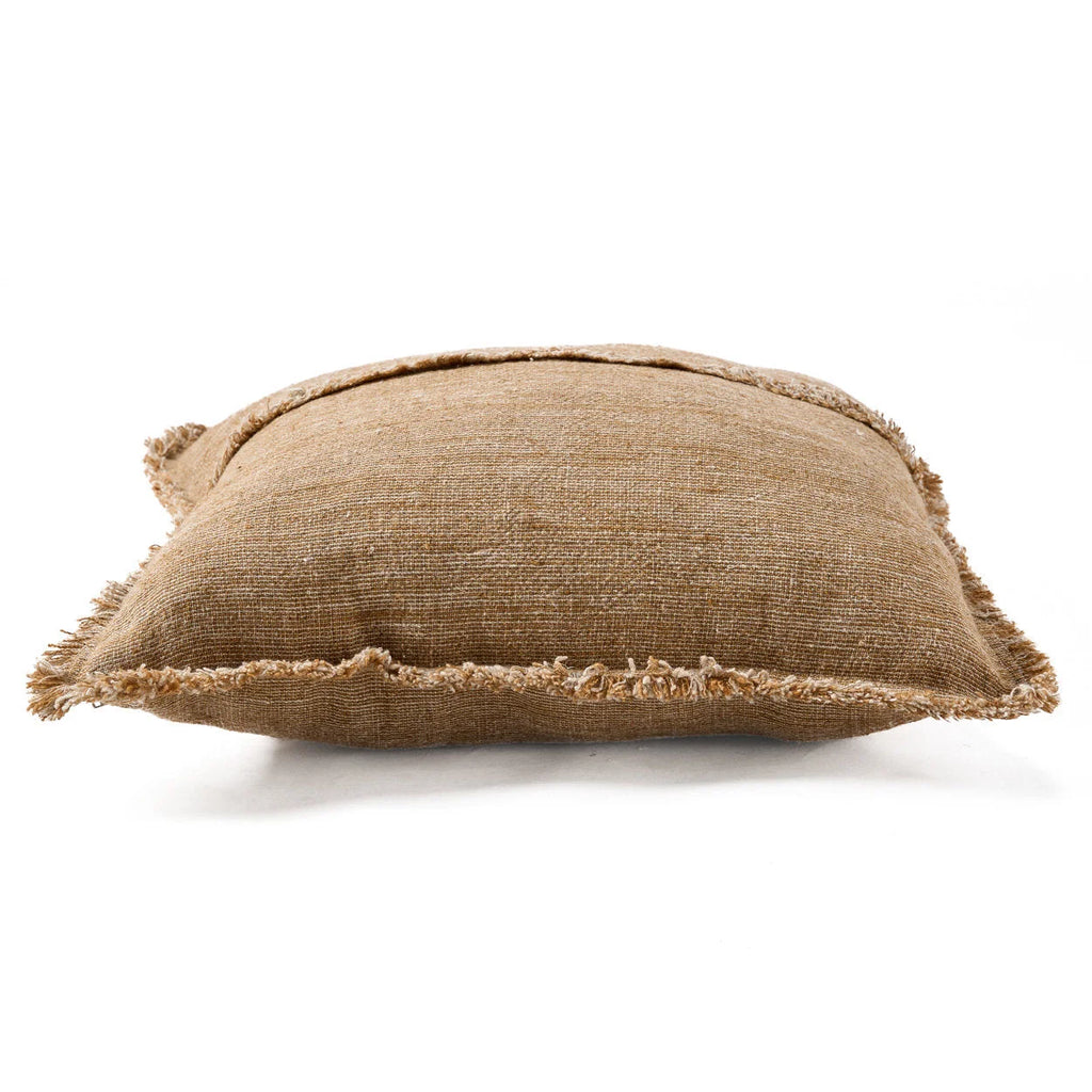 Housse de coussin lin frangé beige camel 50x50 cm texturée