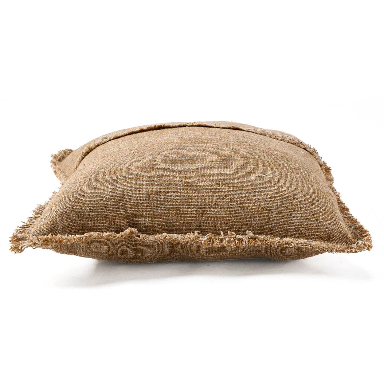 Housse de coussin lin frangé beige camel 50x50 cm texturée
