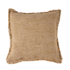 Housse de coussin lin frangé beige camel 50x50 cm, détail couture verticale