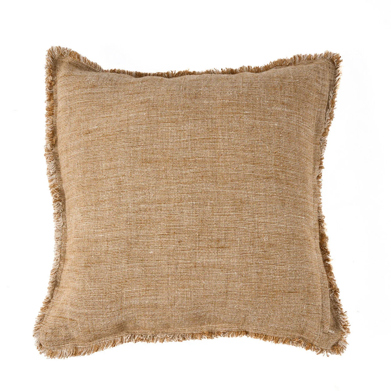 Housse de coussin lin frangé beige camel 50x50 cm, détail couture verticale