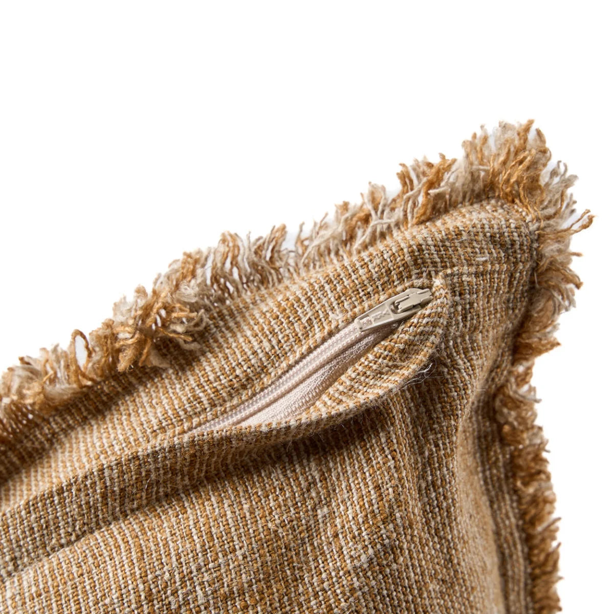 Sac en tissu de jute beige camel frangé 50x50 cm avec zip
