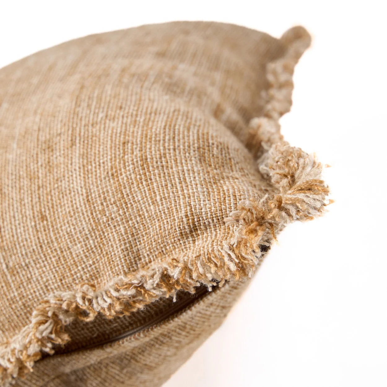 Housse de coussin lin frangé beige camel texturé 50x50 cm