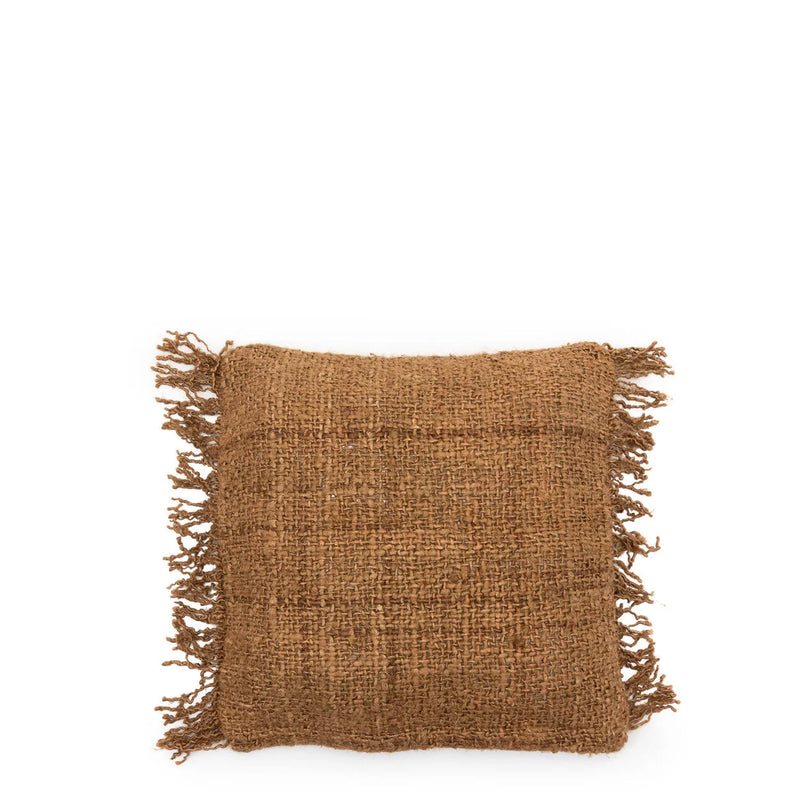 Housse de coussin marron en coton avec franges - 40x40 cm