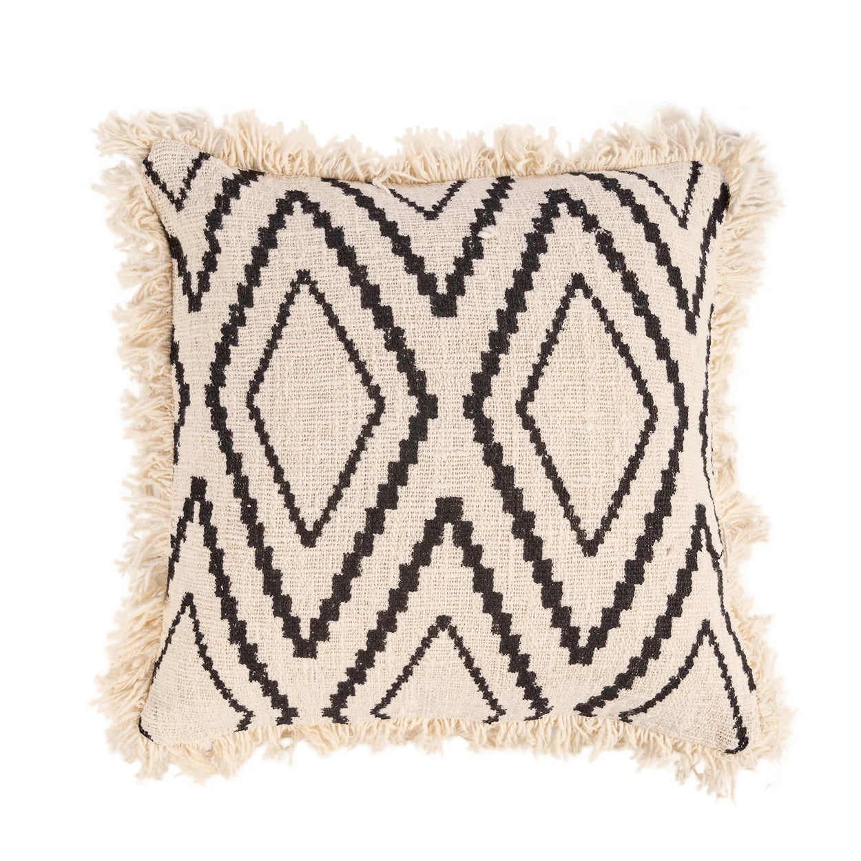 Housse de coussin crème motif zigzag géométrique noir frangé 50x50 cm