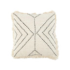 Coussin carré à franges en coton avec broderie géométrique motif tribal noir naturel