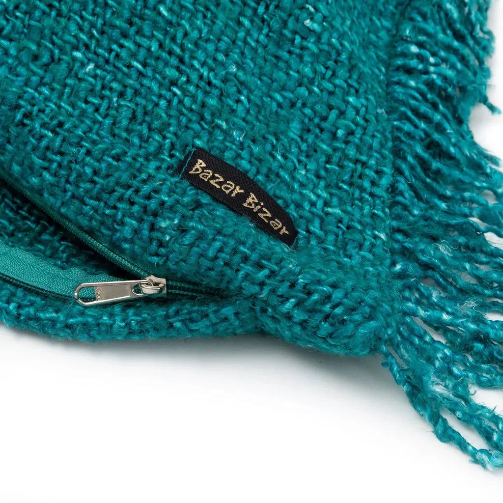 Coussin en tissage teal avec franges et fermeture éclair, modèle La housse de coussin Oh My Gee Aqua 35x100_40