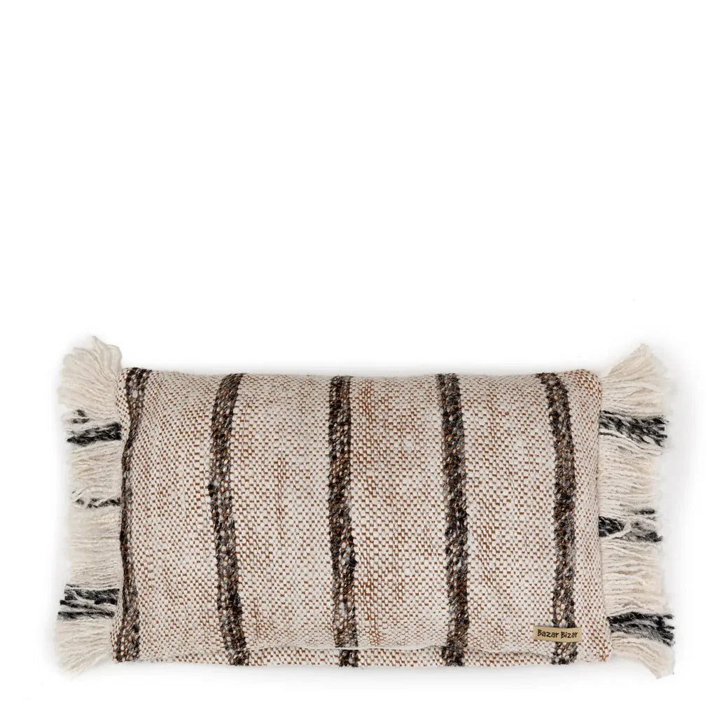 Coussin lombaire tissé rayé avec frange de La housse de coussin Oh My Gee - Bohémien Blanc