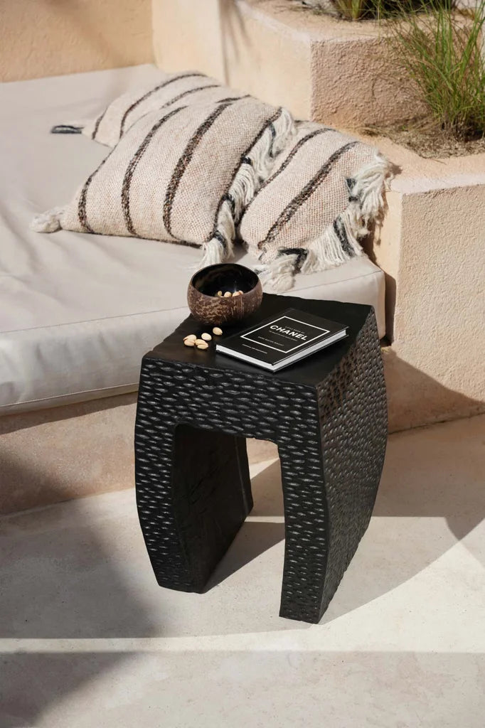 Table d’appoint tissée noire avec housse de coussin Bohémien Blanc 35x100