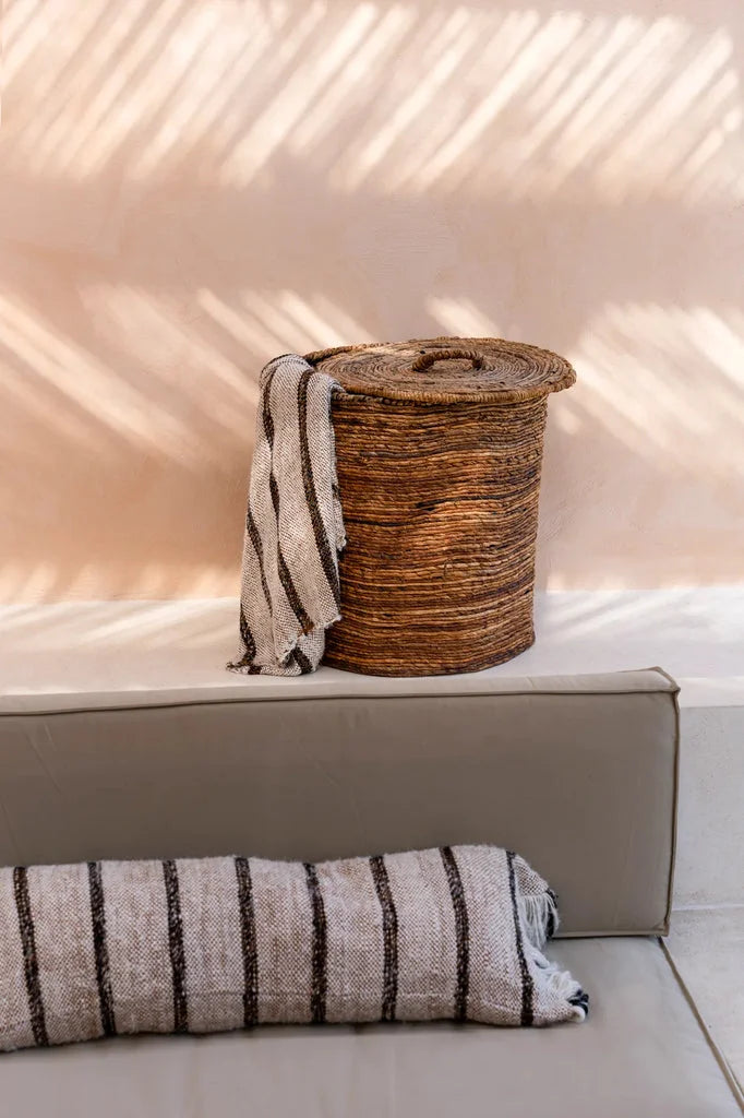 Panier en osier avec couvercle et tissu rayé, pour coussin Oh My Gee Bohémien Blanc