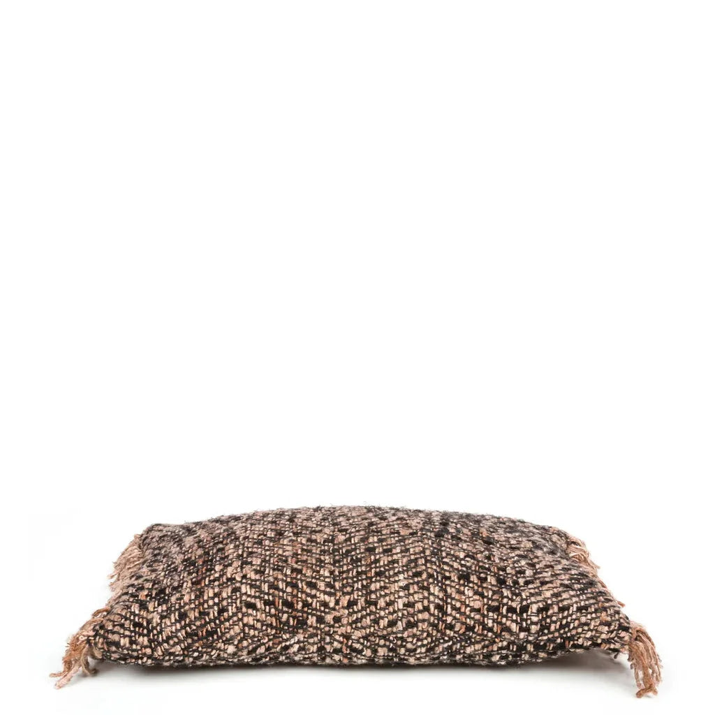 Coussin rectangulaire herringbone brun et beige avec franges, Oh My Gee - Noir Cuivre