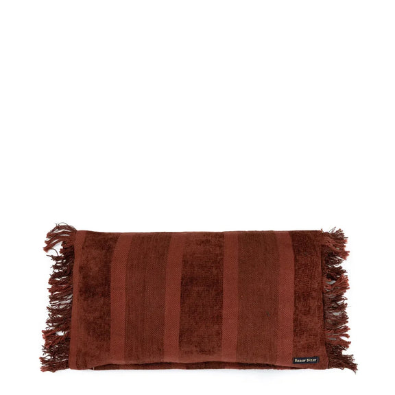 Coussin en velours bordeaux à rayures brunes et frange, La housse de coussin Oh My Gee