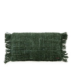 Coussin avec franges vert forêt en tissage pour décoration intérieure elegante