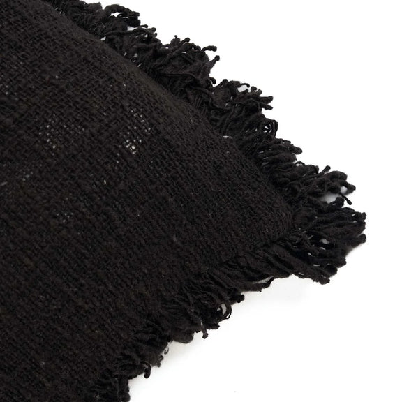 Housse de coussin pleine lune noire en textile tissé noir à franges