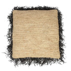 Coussin carré en raphia avec franges noires, 60x60 cm, style naturel