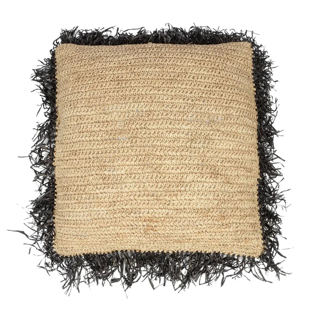 Coussin carré en raphia avec franges noires, 60x60 cm, style naturel