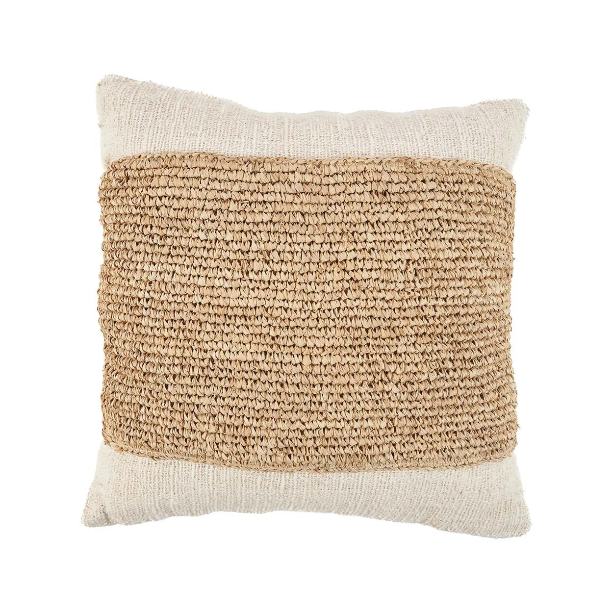 Coussin carré avec centre tissé en raphia et coton 50x50 cm