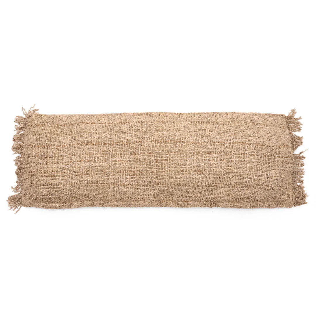 Housse de coussin rectangulaire beige en coton jute, 35x100 cm, bords effilochés