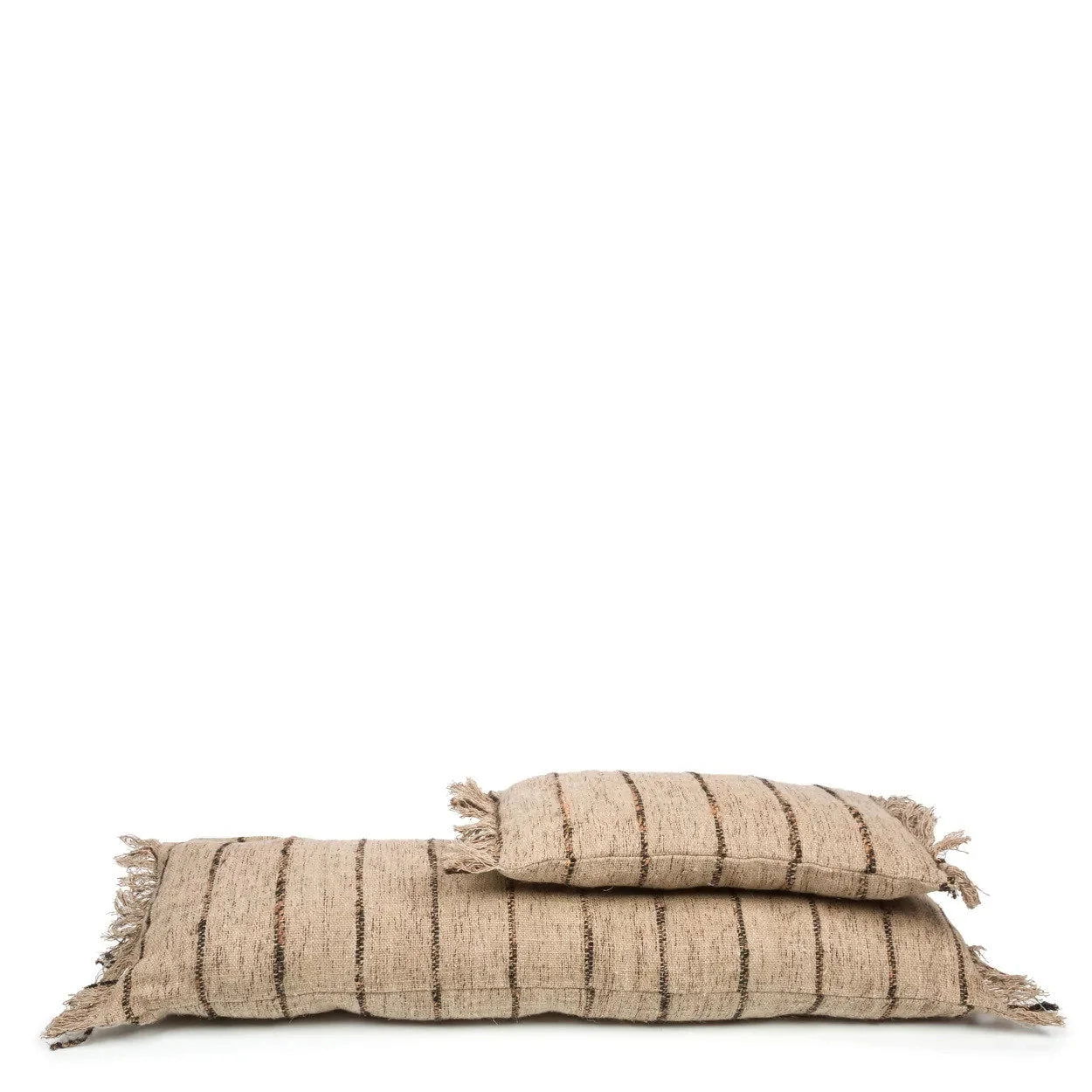 Housse de coussin rectangulaire en coton beige et noir avec franges et rayures brunes