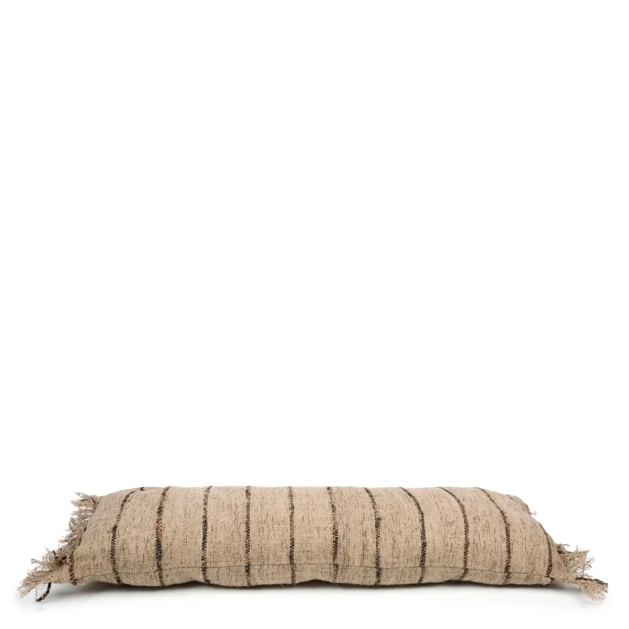 Coussin lumbar rayé en coton beige et noir avec franges, 35x100 cm
