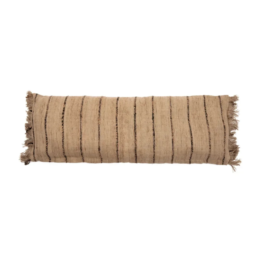 Coussin rectangulaire en coton beige et noir à franges 35x100 cm