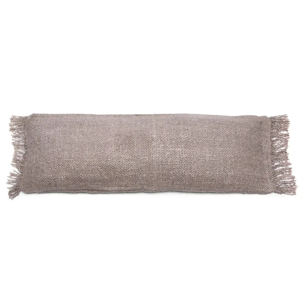 Coussin rectangulaire en coton gris perle avec franges, 35x100 cm