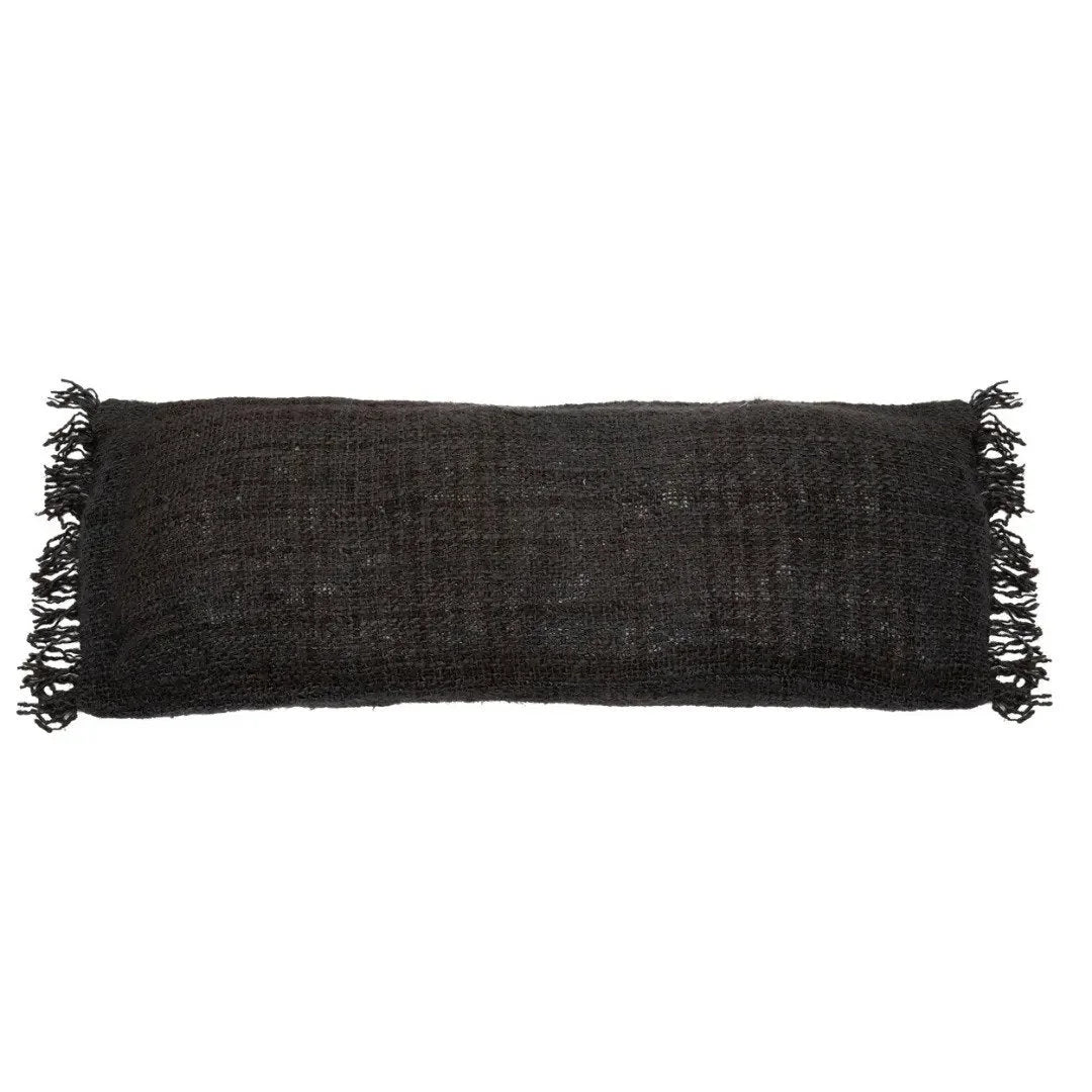 Housse de coussin rectangulaire noire texturée en coton avec franges, 35x100 cm