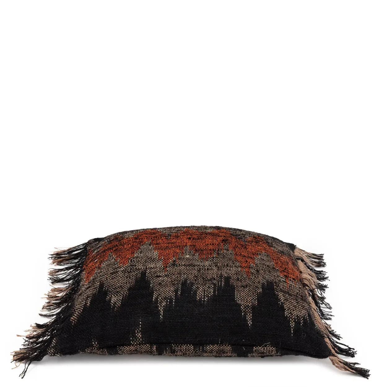 Housse de coussin rectangulaire en coton noir et orange à motifs géométriques avec franges