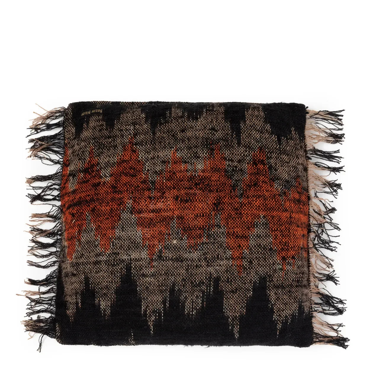 Housse de coussin rectangulaire en coton noir et orange à motifs géométriques avec franges